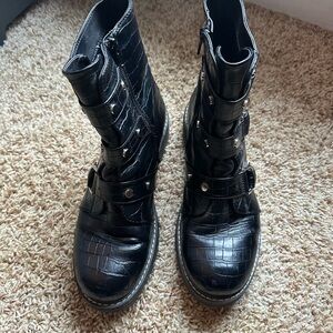 Kohl's Black Croc-Embossed Buckle Heeled Combat Boots